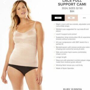 Ruby Ribbon Lace Cami #3024 Shaping Full Support Shapewear Pale Nude 44